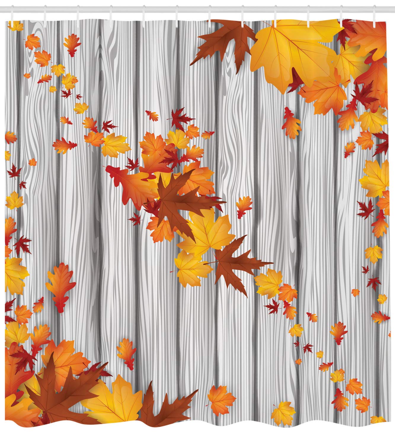 Ambesonne Autumn Shower Curtain, Fall Maple Leafs Tree Diagonal Leaves Foliage Rustic Wooden Planks, Cloth Fabric Bathroom Decor